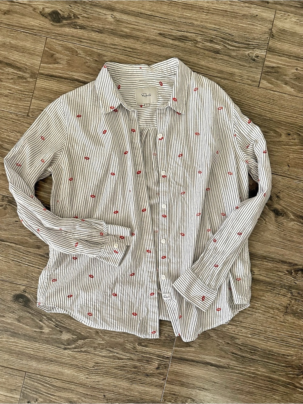 Rails White & Gray Striped Button-Down Shirt with Red Lip Embroidery
